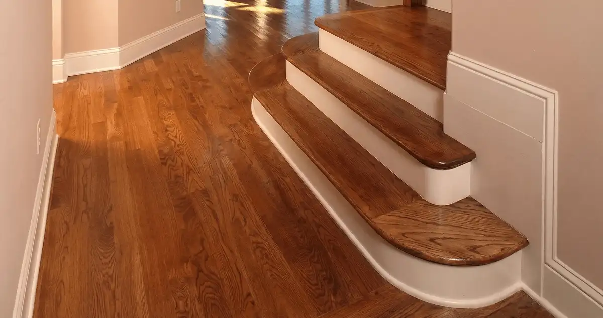 Base floor of a staircase with professionally restored wood flooring in Jackson MS