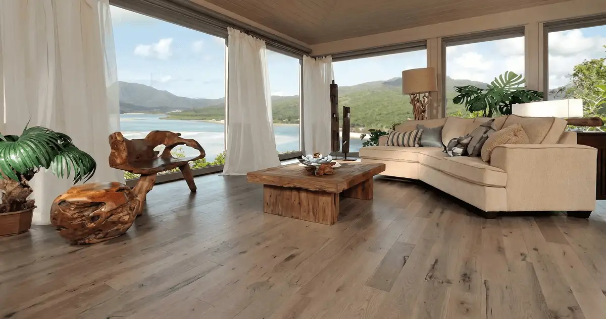 Professionally installed vinyl flooring in a modern living room with large windows in Jackson, MS